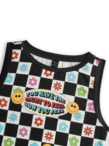 themindfulbutterflyy Artist Girlcore Women's Plus Size Slim Fit Round Neck Cartoon Print Flower Pattern Tank Top, For Holiday, Vacation, Spring, Beach, Going Out, Festival, Ibiza Fits