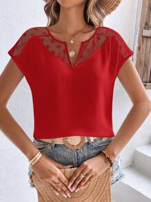 SHEIN Clasi Chemise à col cranté avec contrastes en motif cœur et mesh pour femme