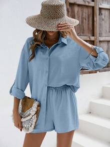 SHEIN Frenchy Áo sơ mi vải lanh vai trễ và quần short vải lanh Bộ đồ trở lại trường Quần áo mùa thu cho phụ nữ Phong cách tiền cũ Trang phục giáo viên Quần áo công sở cho phụ nữ Áo sơ mi giáo viên - Màu xanh lam - Xem 5