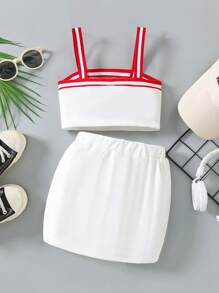 SHEIN Trẻ Cô gái Mùa hè Thể thao Áo ba lỗ & Váy Bộ - Đỏ và trắng - Xem 2
