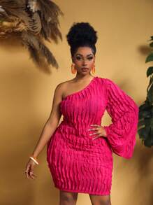 Slaydiva Plus Size Pink One-Shoulder Ruffle See-Through Mini Dress - Hot Pink - View 4