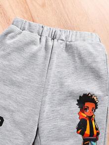 SHEIN 幼兒男孩可愛舒適卡通人物圖案短袖上衣針織翻邊長褲套裝 - 灰色 - 查看 3