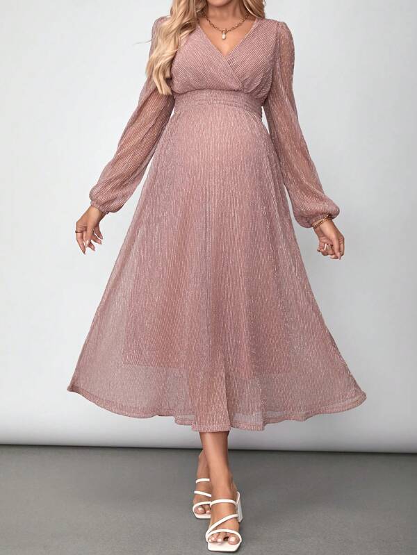 SHEIN Maternity Shiny Puff Sleeve Waist Cinched Dress