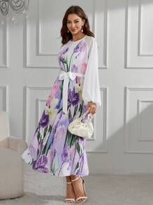 Modelyn Váy dài tay Raglan in hoa cho nữ có thắt lưng Váy dạ hội dài - trắng - Xem 7