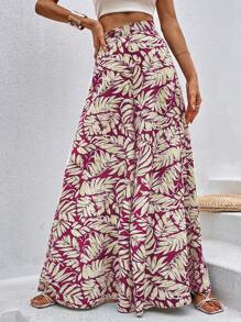 Breezaya Botanical Print Wide Leg Pants Fall Cloth For Women - Burgundy - View 3
