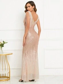 鑲有鑽石連鎖袖子的亮片正式禮服 - 金色 - 查看 2