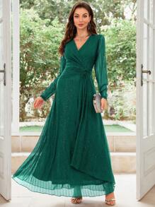 SHEIN Belle Elegant Solid Color V-Neck Twist Green Dress For Women - Dark Green - View 1