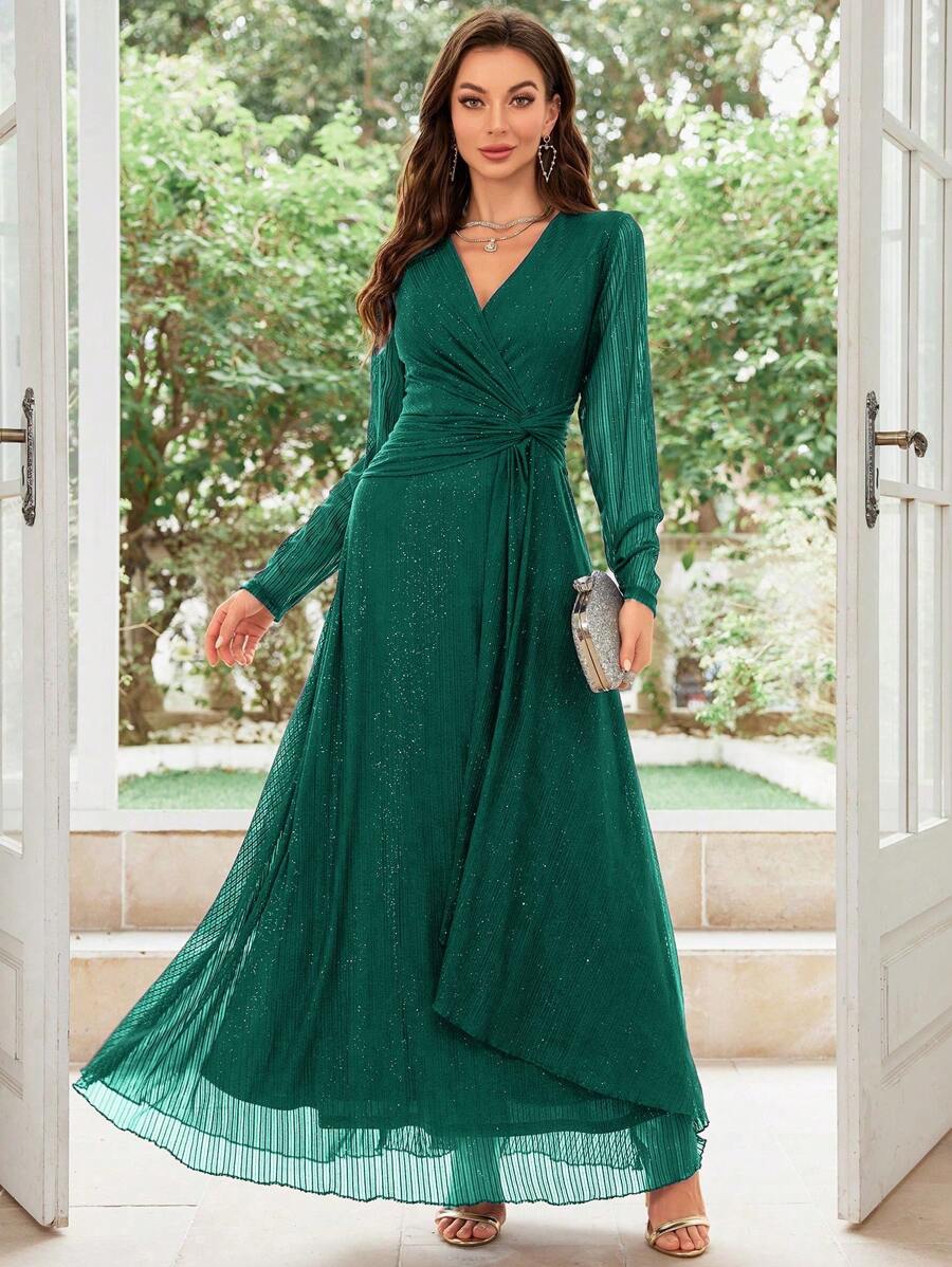 SHEIN Belle Elegant Solid Color V-Neck Twist Green Dress For Women - Dark Green - View 1