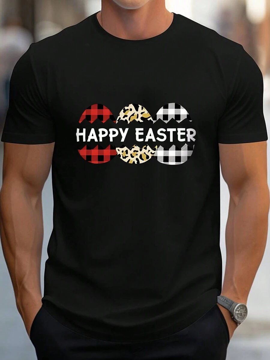 Men's Easter Egg & Slogan Print Short Sleeve T-Shirt - Black - View 1