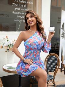 GENKIRA Ladies' Floral Printed One Shoulder Long Sleeve Chiffon Dress Fall Cloth For Women - Multicolor - View 6