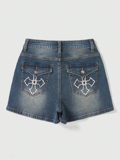 Fairycore Plus Size Denim Shorts With Cross Embroidery And Rhinestone Decoration, School