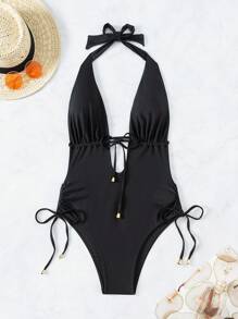 Swim SXY 女士純色露背一件式泳裝 - 黑色 - 查看 8