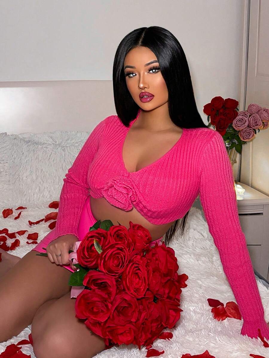 Zolique Short Cropped Sweater With 3d Flower Embellishments Knit Pullover Fall Winter Sweater - Hot Pink - View 1