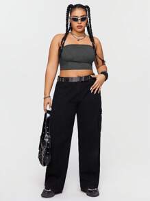 SHEIN EZwear CURVE 女士加大紗織無肩帶半截上衣 - 灰色 - 查看 4
