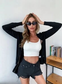 AAmilife 黑色纽扣开襟纯色长袖上衣 - 黑色 - 查看 6