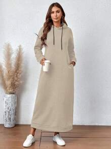 Casual Side Pockets Drawstring Hooded Long Sweatshirt Dress For Autumn/Winter - Khaki - View 1