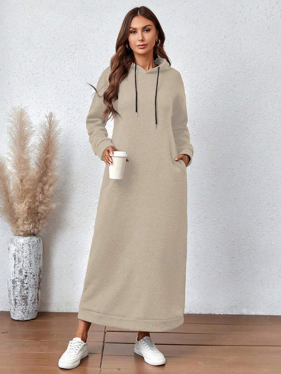 Casual Side Pockets Drawstring Hooded Long Sweatshirt Dress For Autumn/Winter - Khaki - View 1