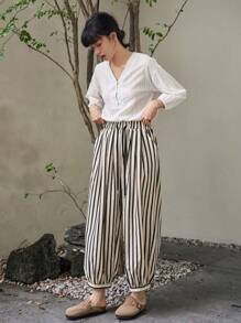 FRIFUL Quần ống rộng kẻ sọc nữ, Quần giáo viên - Đen và trắng - Xem 2