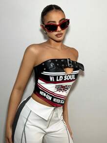 SHEIN ICON Damen Trägerloses Top Mit Motorrad-stil Farbblockierung & Buchstaben Druck, Mit Pu-leder Gürtel Dekoration - Verschiedenfarbig - Übersicht 5