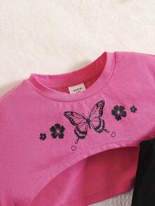 SHEIN 3入組少女蝴蝶圖案針織短袖t恤、針織純色背心和寬鬆針織短褲 - 玫紅色 - 查看 6