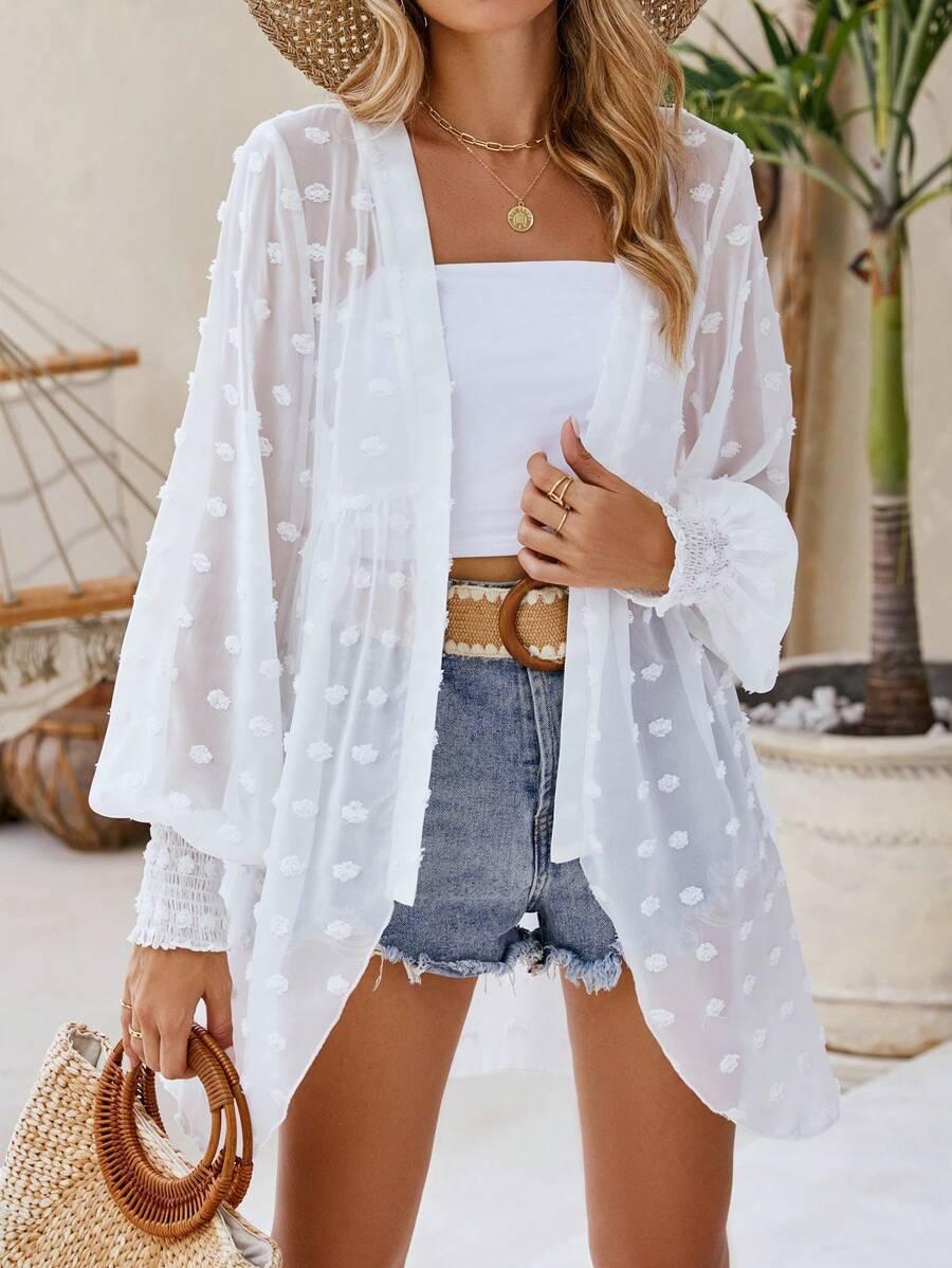 SHEIN LUNE Lantern Sleeve Sheer Mesh Open Front Women's Jacket Fall Winter Cloth For Women - White - View 1
