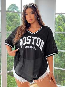 SHEIN EZwear Camiseta de malla con gráfico de letras y contraste de colores, talla grande, verano - Negro - Ver 3