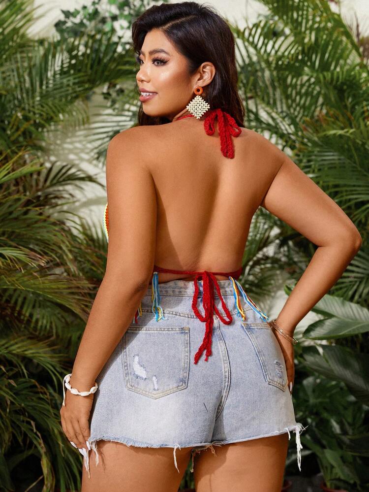 Plus Size Women's Knitted Halter Top With Fringed Hem And Multicolor Striped Pattern