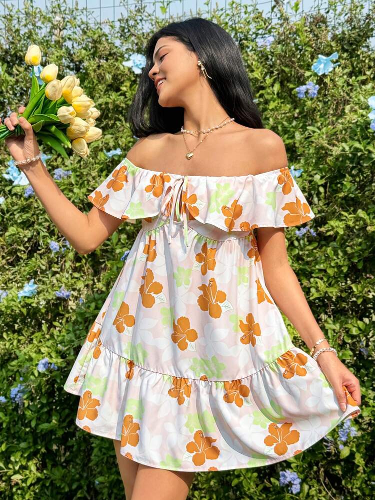 Women's Holiday Style Off Shoulder Floral Print Ruffle Hem Dress