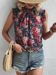 Breezaya Floral Print Frill Trim Mock Neck Blouse - Navy Blue - View 3