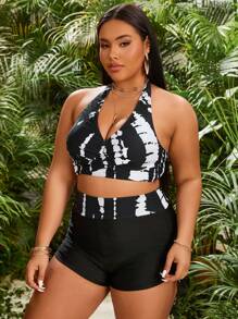 Swim Lushoire Summer Beach Plus Size Color Block Bikini Set With Halter Neck - Black and White - View 4
