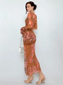 Aloruh 女款花卉印花V領喇叭袖網紗連衣裙 - 彩色 - 查看 2