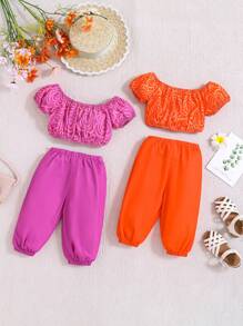 SHEIN Baby Girls' Vacation Casual Flower Pattern Short Sleeve Top And Solid Color Pants Four-Piece Set - Hot Pink - View 2