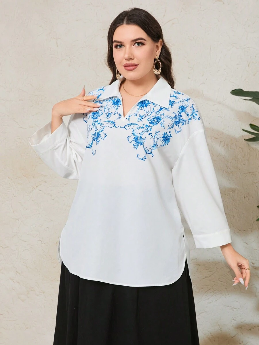 Mulvari Plus Size Printed Drop Shoulder Casual Shirt - White - View 1