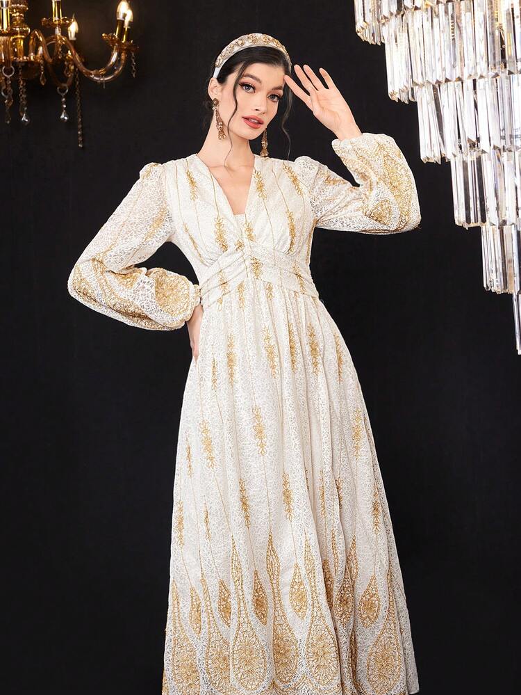 Women's Plant Printed Lace Lantern Sleeve Dress Long Evening Dresses Fall Cloth For Women