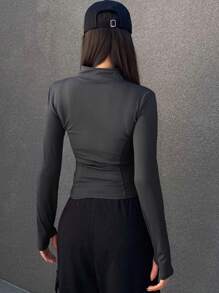 DAZY 女款前拉鍊長袖夾克 - 深灰色 - 查看 5