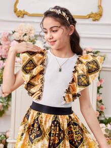 SHEIN 青少女圓領荷葉邊上衣和巴洛克印花裙裝套裝 - 白色 - 查看 3