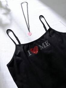 SHEIN EZwear Top De San Valentín Con Patrón De Corazón Y Eslogan De Pedrería Y Shorts Con Patrón De Corazón Y Eslogan De Pedrería - Negro - Ver 5