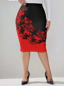 SHEIN Clasi Falda Lápiz Con Estampado Floral Para Mujer De Talla Grande - Rojo - Ver 1