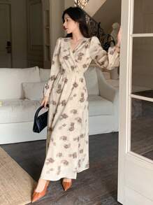 DAZY Vestido midi de mujer con cuello en V, manga larga, estampado de flores, mangas abullonadas y cintura recogida, ropa de otoño con estampado floral - Multicolor - Ver 4