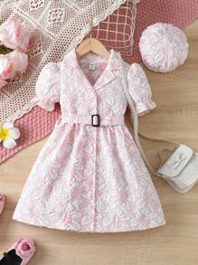 SHEIN Vestido Jacquard Elegante Com Gola Virada Para Baixo E Manga Bufante Para Meninas Com Cinto E Chapéu Para O Verão