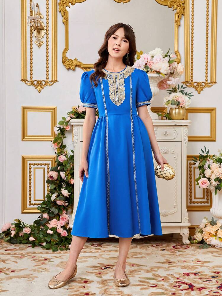 Round Neck Floral Lace Embroidery Teen Girl Dress