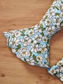 SHEIN Bộ đồ thường ngày cho bé gái: Áo thun cổ tròn gân và quần ống loe in hoa, thích hợp cho kỳ nghỉ. - Nhiều màu - Xem 3