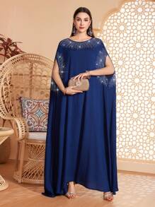 Women's Solid Color Round Neck Cuff & Collar Beaded, Rhinestone Decorated Abaya, Suitable For Various Occasions Like Festivals, Gatherings, Daily Wear, Soft & Comfortable