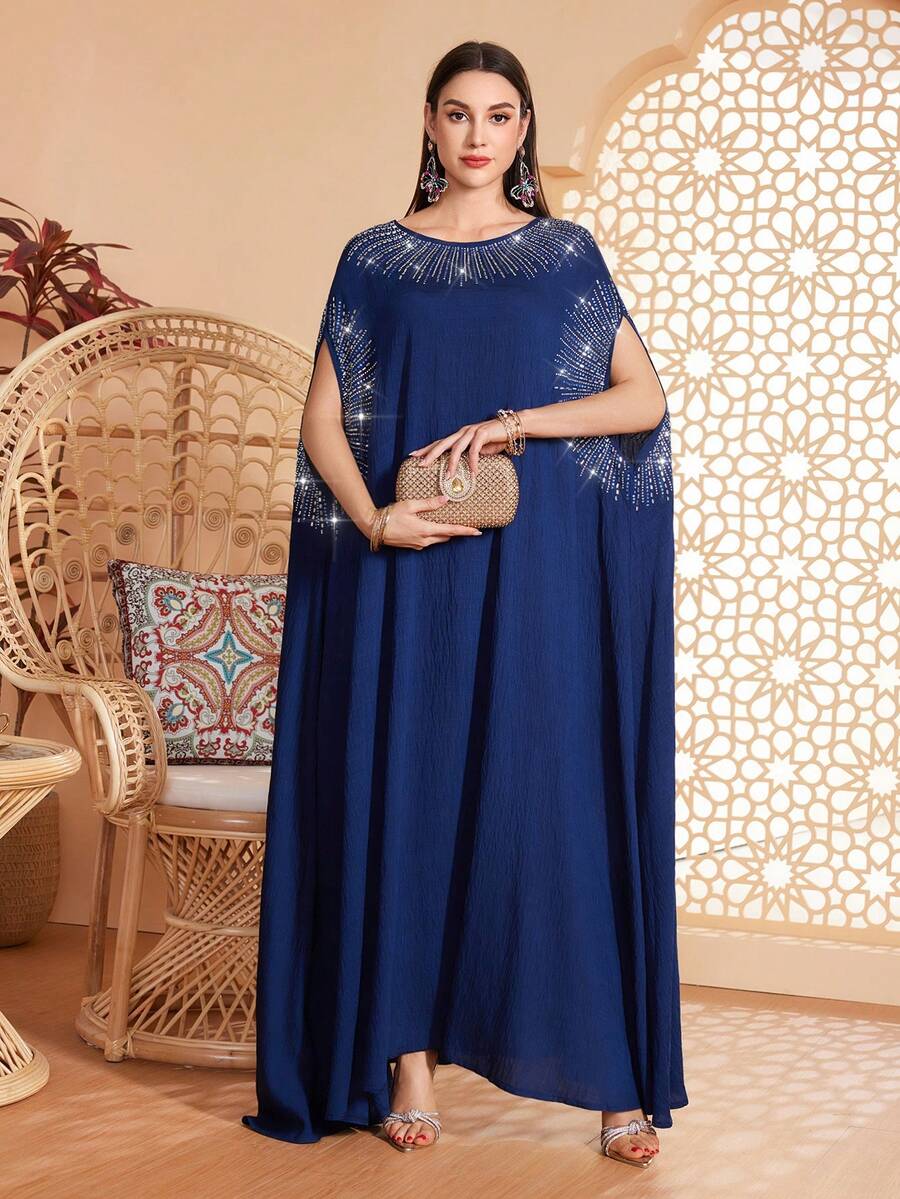 Women's Solid Color Round Neck Cuff & Collar Beaded, Rhinestone Decorated Abaya, Suitable For Various Occasions Like Festivals, Gatherings, Daily Wear, Soft & Comfortable