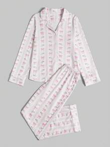 ROMWE Kawaii Himekaji Bowknot Print Long Sleeve Shirt And Pants Pajama Set, School - Multicolor - View 1
