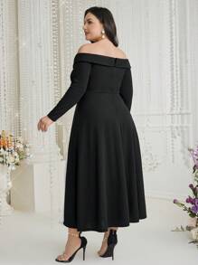 Modelyn Plus Size Women's Off-Shoulder Long Sleeve Color Block Dress - Black and White - View 2