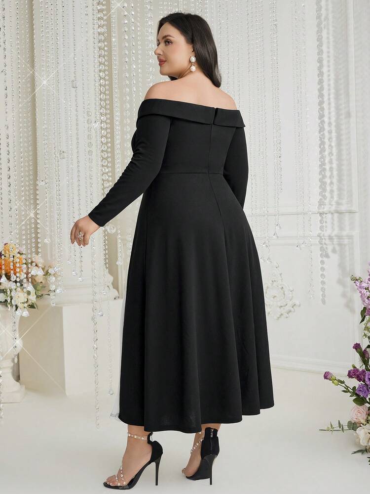 Plus Size Women's Off-Shoulder Long Sleeve Color Block Dress