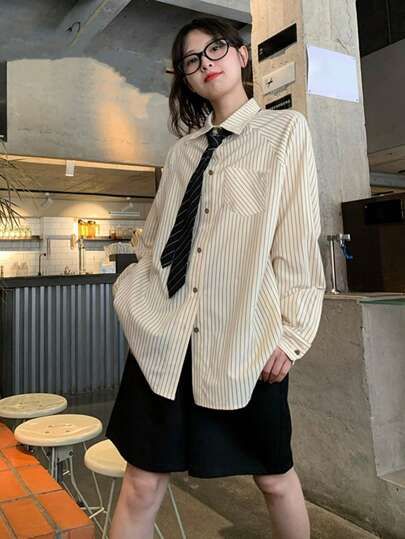 女士休闲条纹长袖衬衫，不系领带，长袖上衣