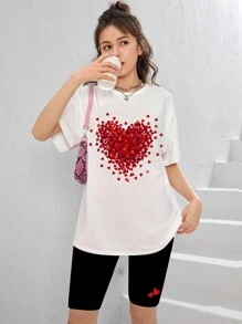 GraphicGems Teen Girl Heart Print Drop Shoulder T-Shirt And Shorts Set