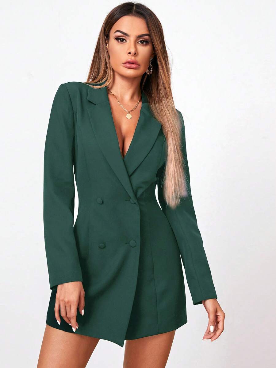 Lapel Neck Double Breasted Blazer Dress - Dark Green - View 1